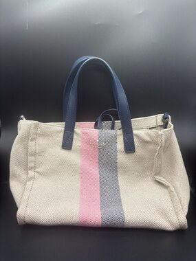 Canvas Stripe Tote Bag with Navy Handles